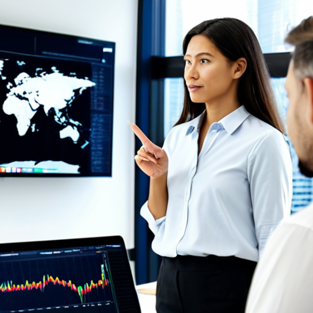 A diverse group of business professionals in a modern, international office. A professional woman is actively listening with an engaged expression while a male colleague points to a large digital screen displaying complex data visualizations and global market trends, showcasing insightful communication and strategic analysis. The office features a blurred world map in the background, subtly referencing international trade. All subjects are fully clothed in modest business attire, appropriate for a professional setting. Perfect anatomy, correct proportions, natural pose, well-formed hands, proper finger count, natural body proportions. Safe for work, appropriate content, fully clothed, professional.