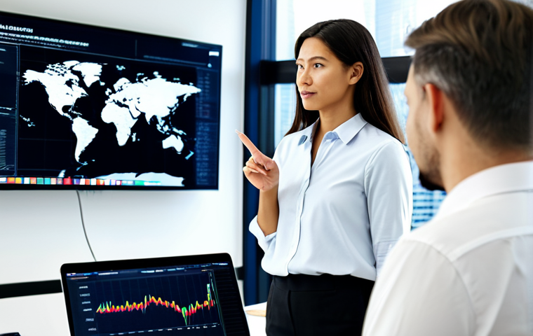 A diverse group of business professionals in a modern, international office. A professional woman is actively listening with an engaged expression while a male colleague points to a large digital screen displaying complex data visualizations and global market trends, showcasing insightful communication and strategic analysis. The office features a blurred world map in the background, subtly referencing international trade. All subjects are fully clothed in modest business attire, appropriate for a professional setting. Perfect anatomy, correct proportions, natural pose, well-formed hands, proper finger count, natural body proportions. Safe for work, appropriate content, fully clothed, professional.