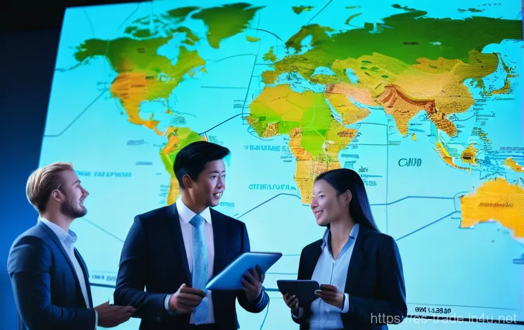 국제무역사 시험 필기에서 자주 나오는 문제 - **Prompt:** "A diverse group of five international business professionals, including men and women o...