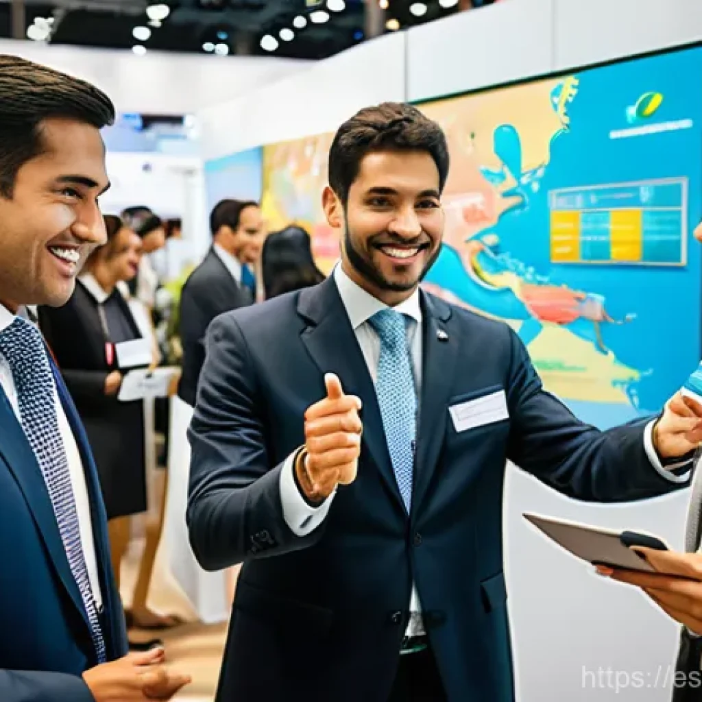 무역 자격증 후 실무 적용법 - **Prompt:** "A vibrant, dynamic scene at an international trade fair (Feria Comercial Internacional)...