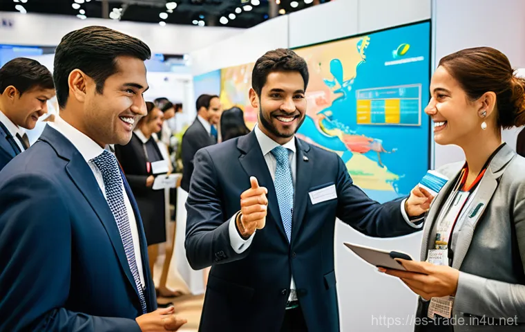 무역 자격증 후 실무 적용법 - **Prompt:** "A vibrant, dynamic scene at an international trade fair (Feria Comercial Internacional)...