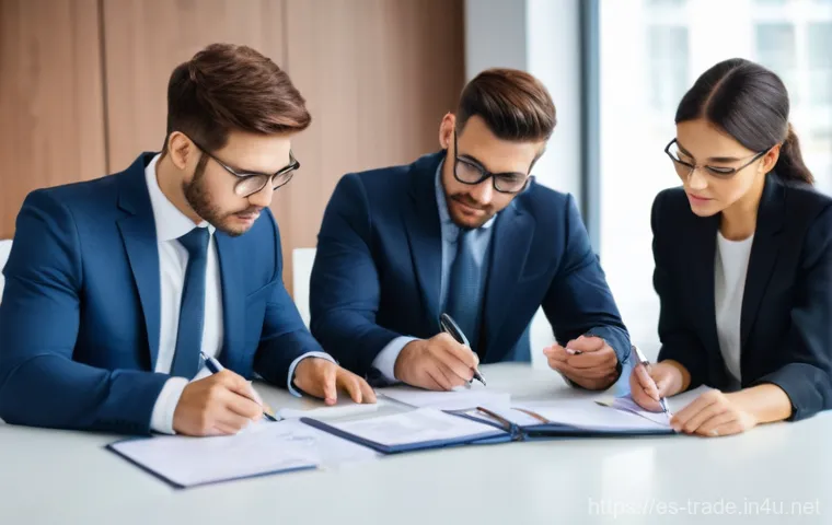 수출입 계약의 분쟁 해결 사례 - **Prompt 1: Meticulous Contract Drafting for Business Protection**
    "A group of diverse business ...