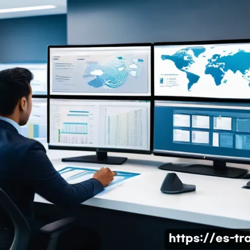 무역 실무의 최적화 방안 - A modern international trade office scene showing a diverse team of Hispanic professionals working c...