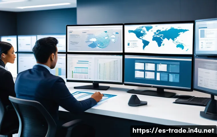 무역 실무의 최적화 방안 - A modern international trade office scene showing a diverse team of Hispanic professionals working c...