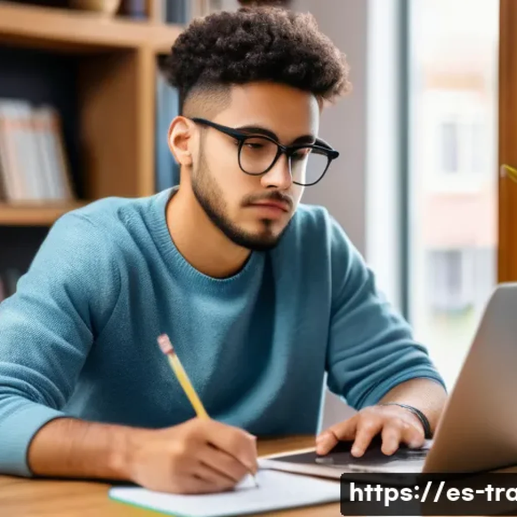 국제무역사 1급 준비 전략 - A focused young adult Hispanic student sitting at a modern wooden desk in a cozy, well-lit study roo...