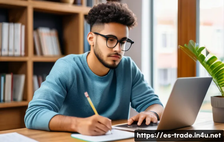 국제무역사 1급 준비 전략 - A focused young adult Hispanic student sitting at a modern wooden desk in a cozy, well-lit study roo...