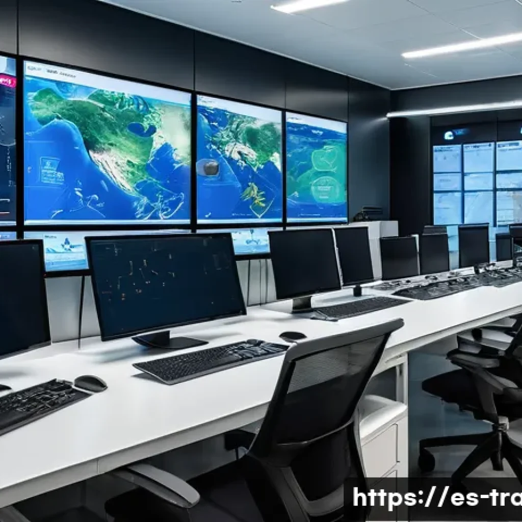 수출입 물류 관리 자동화 사례 - A modern logistics control room in Spain, showcasing multiple large digital dashboards displaying re...