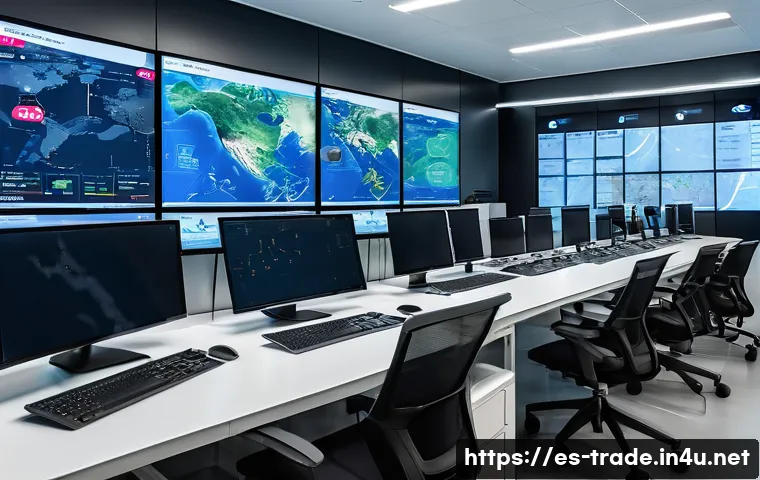 수출입 물류 관리 자동화 사례 - A modern logistics control room in Spain, showcasing multiple large digital dashboards displaying re...