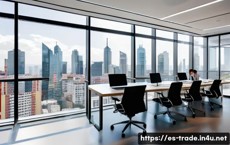 무역학과 전공 필수 과목 정리 - A vibrant international business meeting scene set in a modern office with large windows overlooking...