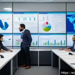무역 실무 이해하기 - A detailed office scene showing a diverse Latin American international trade team in a modern worksp...