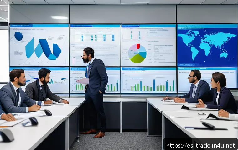 무역 실무 이해하기 - A detailed office scene showing a diverse Latin American international trade team in a modern worksp...