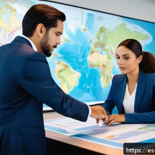 국제무역사 자격증 효용성 분석 - A professional business setting showing a confident Latin American man and woman in formal attire re...
