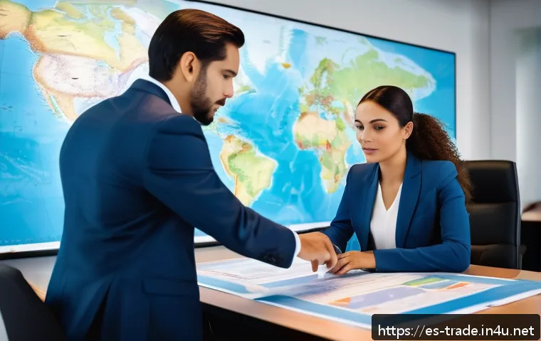 국제무역사 자격증 효용성 분석 - A professional business setting showing a confident Latin American man and woman in formal attire re...