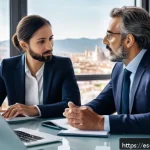 무역 실무에서의 분쟁 해결 방법 - A professional business negotiation scene in a modern office setting in Spain, featuring two diverse...