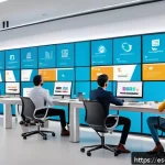 무역업계 성공 스토리 모음 - A vibrant modern office scene showing a diverse team of Latin American professionals collaborating o...