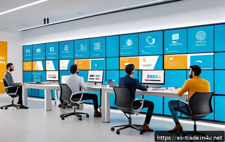 무역업계 성공 스토리 모음 - A vibrant modern office scene showing a diverse team of Latin American professionals collaborating o...