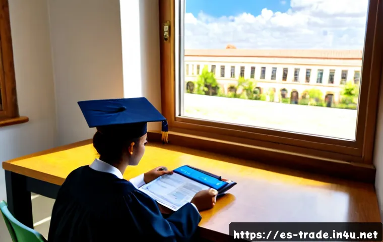무역학과 대학원 진학 전략 - Photorealistic graduate-school planning scene for international trade studies in Spain, a focused Hi...
